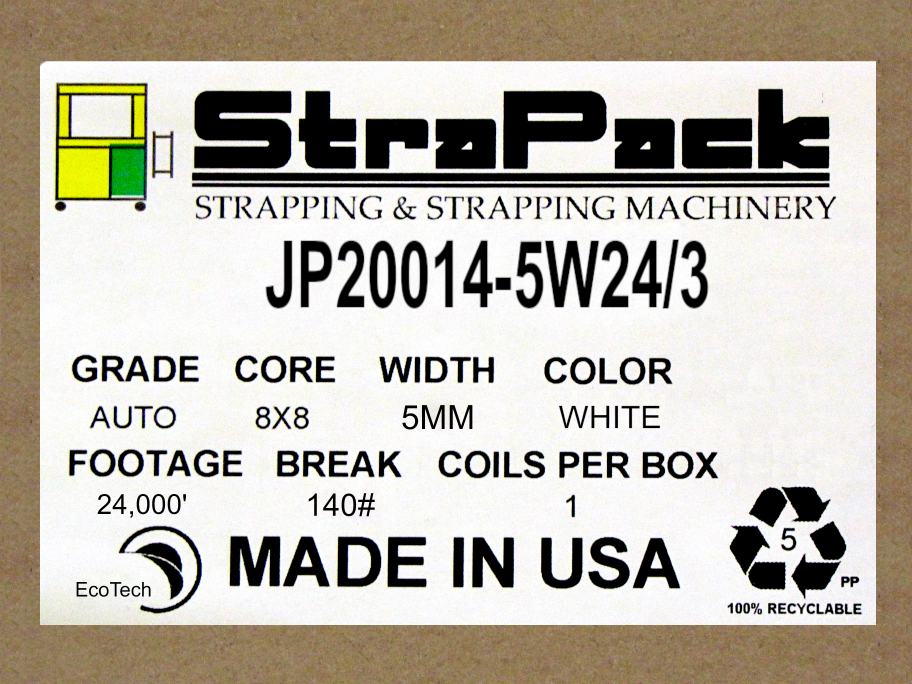 5 mm x 24000' Machine Grade Polypropylene (PP) Strapping, 130 lbs. Break  Strength, 8 x 8 Core, White buy in stock in U.S. in IDL Packaging